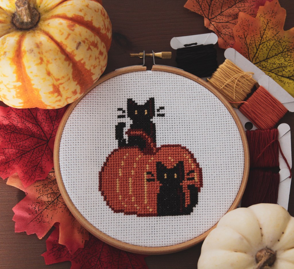 pumpkin black cat cross stitch